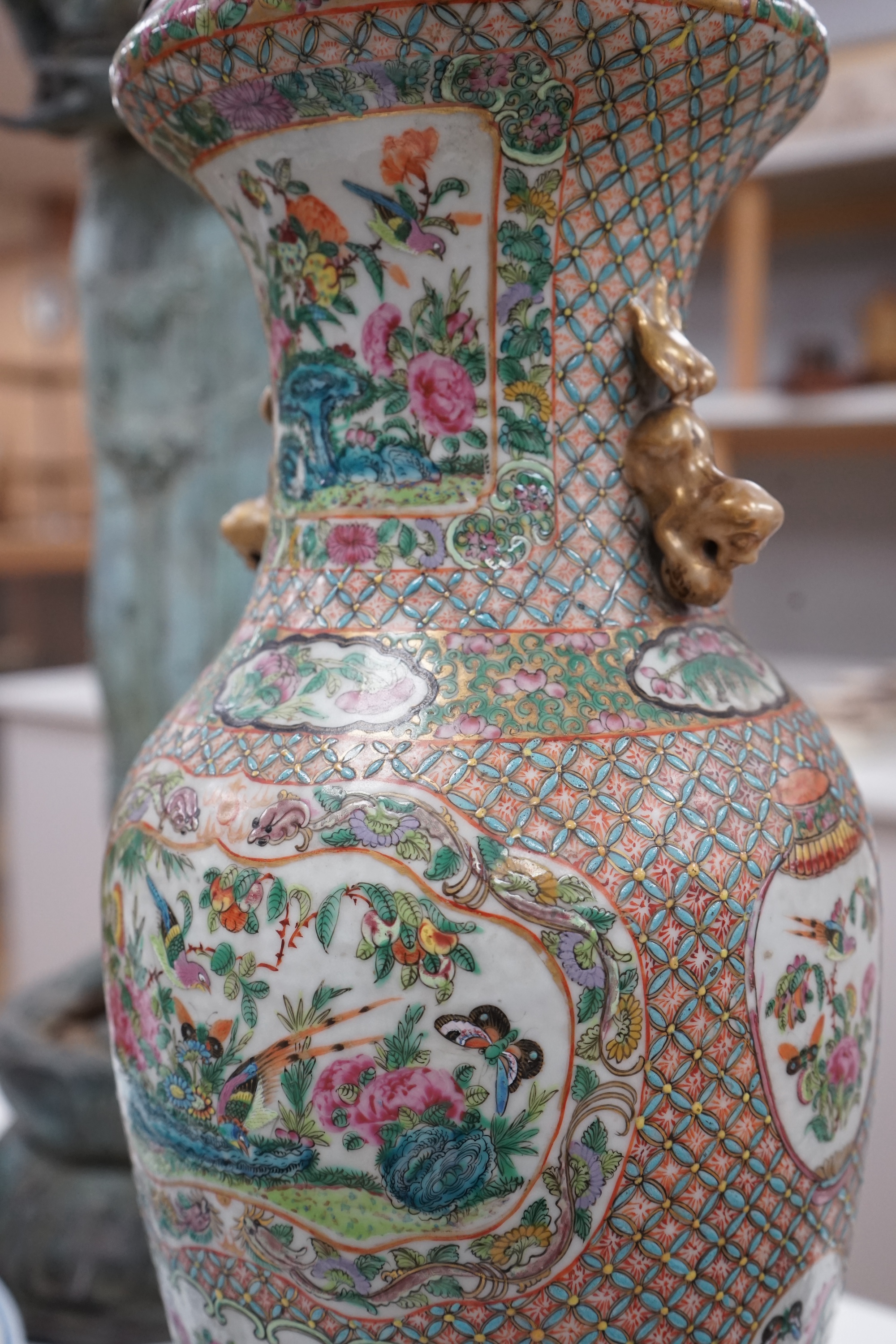 A Chinese enamelled porcelain vase, c. 1900, converted to a lamp with carves stand, 45.5cm high. Condition - good